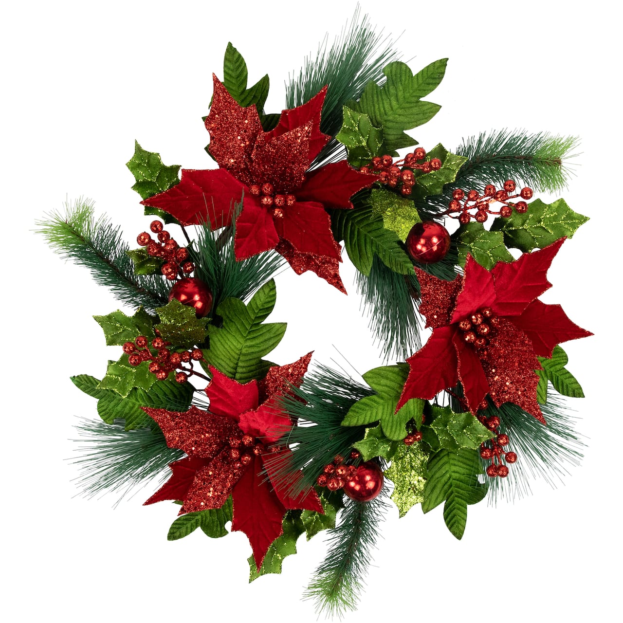 24" Red Glittered Poinsettia & Long Pine Christmas Wreath